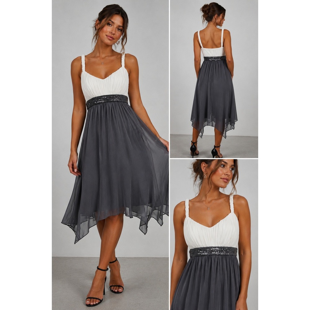 En Focus Petite Cocktail Dress White Grey Sequin Empire Waist 10P Party, Evening